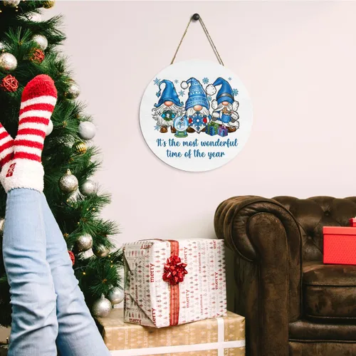 Vista 4 de Decoración de gnomos de Navidad para interiores, decoraciones de Navidad azules, muñeco de nieve, copo de nieve, rústico, granja, madera, placa