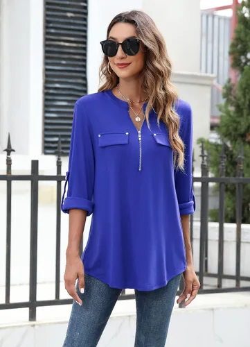 Vista 2 de Bulotus - Blusa larga e informal, con cierre frontal, cuello en V y manga 34, para mujer