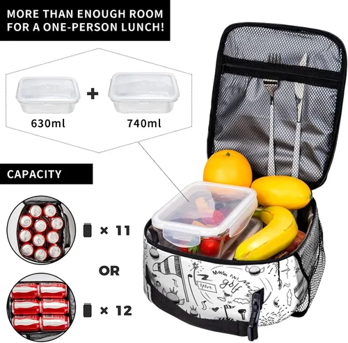 Vista 3 de Fiambrera de golf portátil aislada, bolsas de almuerzo multicolor de dibujos animados para mujeres, hombres, niños, niñas, escuela, trabajo