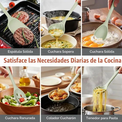 Vista 3 de Juego de 7 utensilios de silicona grandes para cocinar, sin BPA Verde