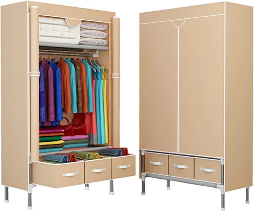 Vista 10 de Organizador portátil de ropa de 34 pulgadas, simple no tejido, armario de almacenamiento de ropa multifuncional con cubierta y barra para colgar Gris