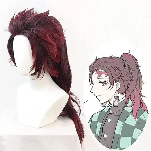 Vista 2 de BYOOTI 70cm Slayer Kimetsu No Yaiba Cosplay Wigs Kamado Tanjirou Wig Long Heat Resistant Synthetic Hair + Wig Cap