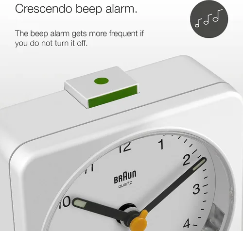Vista 3 de Braun Reloj despertador analógico clásico con repetición y luz, movimiento de barrido de cuarzo silencioso, alarma de pitido Crescendo en blanco