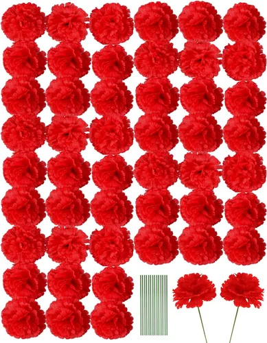 Vista 14 de Flor de clavel artificial, 50 cabezas de flores sintéticas de seda azul con Azul Oscuro