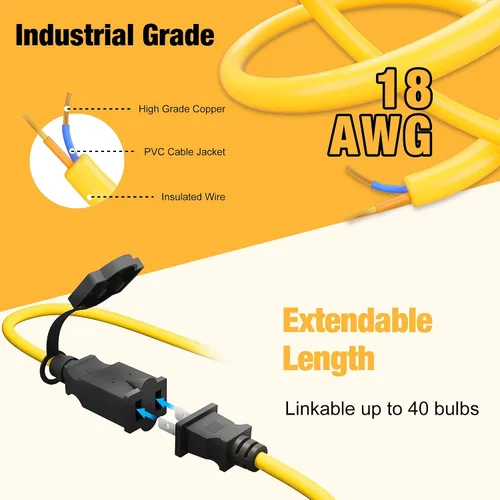 Vista 3 de Luces de cadena de construcción de 50 pies con jaula protectora, luces de trabajo LED de cadena impermeables IP65, luz diurna 5000K con cable 18AWG