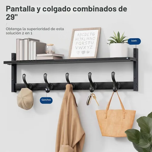 Vista 2 de Tatub Perchero rústico de 29 pulgadas con estante, ganchos de pared de entrada con estante, perchas para baño, sala de estar, dormitorio, negro