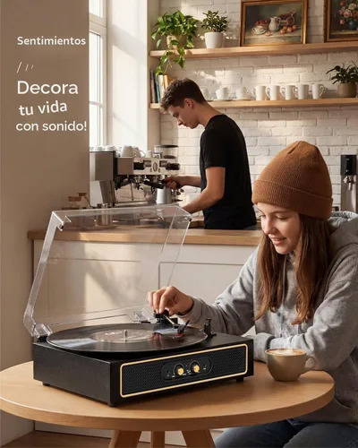 Vista 11 de Tocadiscos de vinilo retro con altavoces, control de graves/agudos
