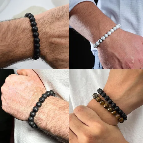 Vista 4 de SAMOCO 12 piezas de pulseras de ojo de tigre para hombres, piedra natural, cuentas de 8 mm, juego de pulseras elásticas ajustables de roca de lava