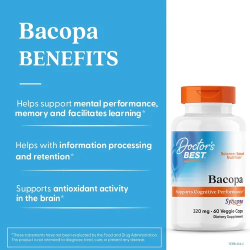 Vista 3 de Doctor's Best Bacopa con sinapsa, cerebro, mejora la memoria, antioxidante, sin OMG, vegano, sin gluten ni soja, 320 mg, 60