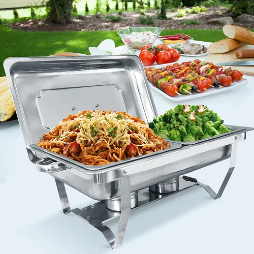 Vista 2 de Juego de 2 platos de bufé de roce de acero inoxidable de tamaño medio de 8 cuartos de galón para catering, juegos mejorados de chafers