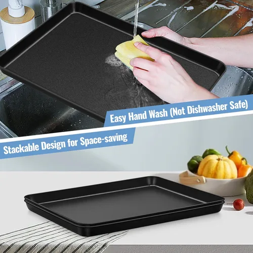 Vista 6 de TeamFar Juego de 4 bandejas para hornear con estante, 16 x 12 x 1 pulgadas, bandeja antiadherente para hornear galletas con estante de enfriamiento