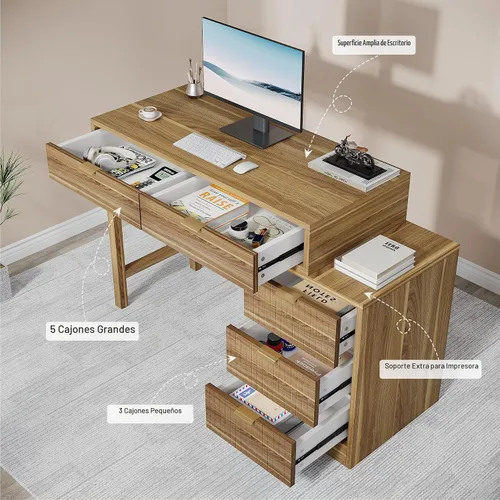 Vista 8 de Tribesigns Escritorio para computadora con 5 cajones, escritorio pequeño reversible con almacenamiento, mesa de estudio de madera vintage, estación
