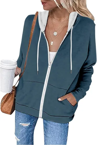 Vista 7 de Sudadera con capucha y cremallera para mujer, manga larga, cordón ajustable, ajuste delgado, ligero, moderno, para otoño, con bolsillos, 2023