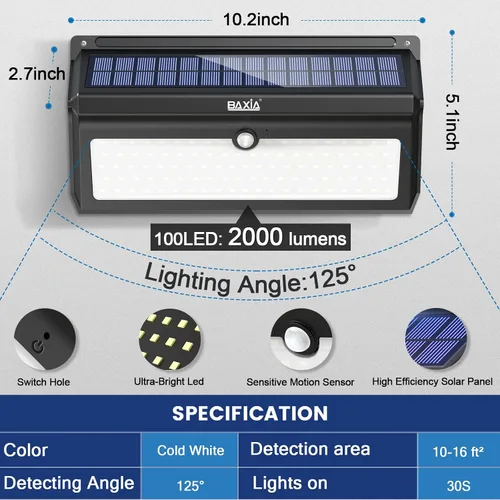 Vista 10 de Luces solares impermeables para exteriores, 100 LED, sensor de movimiento de seguridad, luces solares para exteriores, para puerta delantera, patio