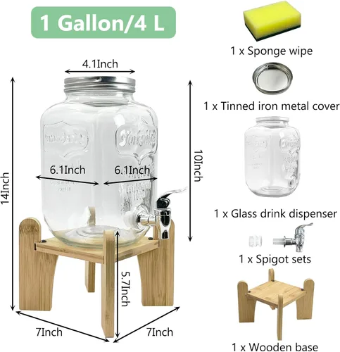 Vista 2 de Tfwadmx Dispensador de bebidas de 1 galón para fiestas, dispensador de bebidas con soporte de madera, dispensador de limonadas, jarra de té helado