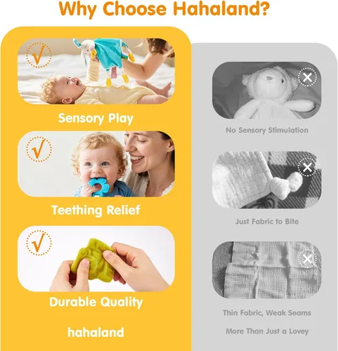 Vista 8 de hahaland Manta de seguridad Baby Lovey, juguete sensorial colgante de felpa con mordedor, sonajero y arruga para bebés de 0 a 3 a 6 a 12 meses