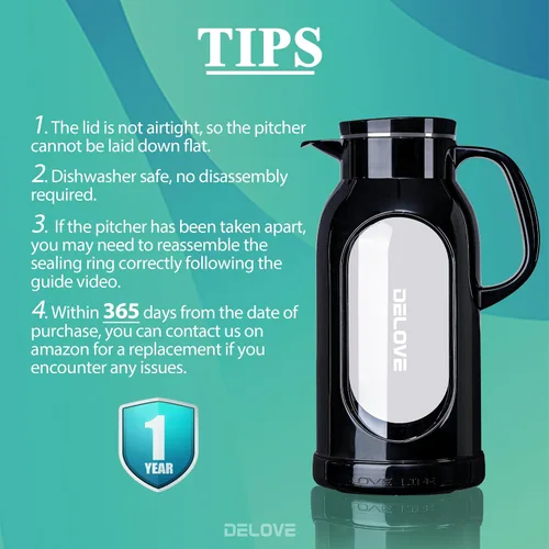 Vista 6 de Delove Jarra de vidrio de 68 oz/2 litros con carcasa a prueba de roturas - Forro de vidrio resistente al calor - Tapa de acero inoxidable - Jarra