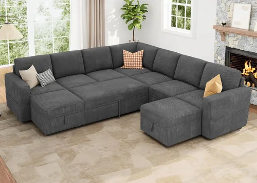 Vista 18 de HONBAY Sofá cama modular modular con cama extraíble, sofá en forma de L con almacenamiento, sofás modulares seccionales para sala de estar