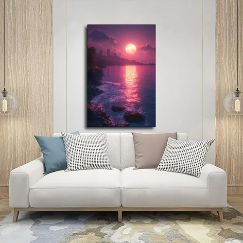 Vista 5 de Synthwave Neon Sunset Poster – Vaporwave Aesthetic Digital Art – Retro Futuristic Wall Decor for Bedroom Or Office Canvas Poster Wall Art Decor