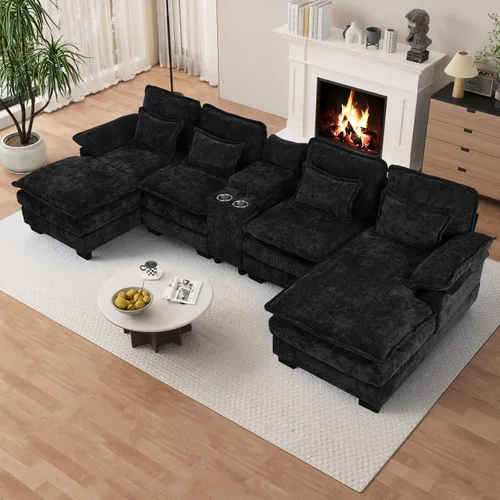 Vista 10 de Sofá nube en forma de U de 130 pulgadas con casa para gatos, sofá modular de gran tamaño para sala de estar, cómodo sofá grande de chenilla, juego