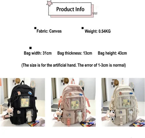 Vista 2 de ZUCHON Mochila Kawaii con bonito colgante y alfiler, bolsas escolares de gran capacidad, mochilas estéticas con bolsa de almuerzo, G-beige