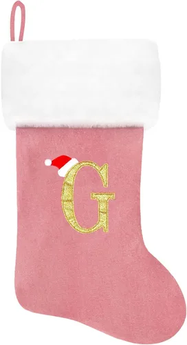 Vista 176 de Calcetines de Navidad bordados de 20 pulgadas con monograma, terciopelo negro con puño de felpa blanca supersuave, adornos clásicos para decoración