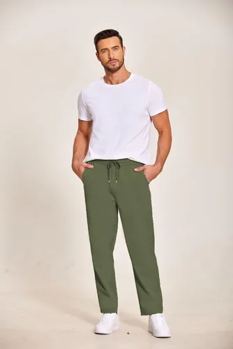 Vista 3 de COOFANDY Pantalones casuales con cordón para hombre, ajuste regular, cintura elástica, algodón básico, pierna recta, pantalones cargo
