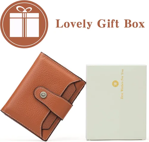 Vista 6 de FALAN MULE Cartera pequeña para mujer, de piel auténtica, plegable, compacta, con bloqueo RFID, pequeña cartera para mujer, ZAO-Caramelo, Compacto