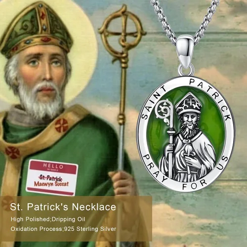 Vista 3 de Collar con colgante de plata de ley 925 con medalla de San Patrón, joyería religiosa para hombres y mujeres, con cadena de acero inoxidable 316L