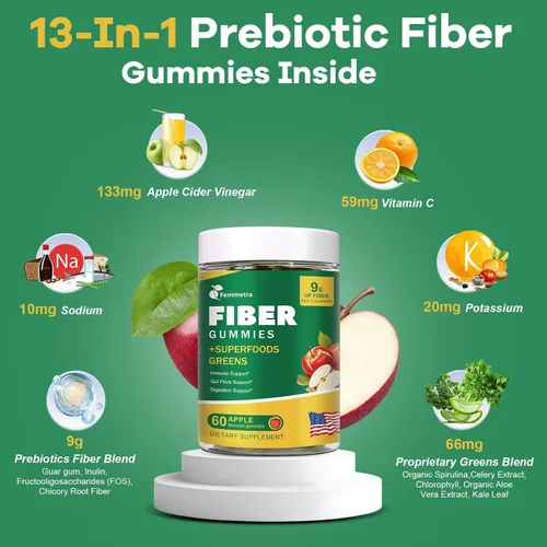 Vista 3 de Gomitas de fibra prebiótica 13 en 1 para adultos - Suplemento de fibra para mujeres y hombres con mezcla de verduras, inulina y ACV