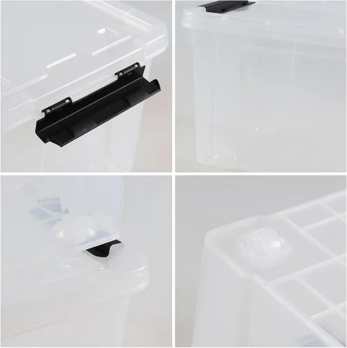 Vista 3 de Paquete de 4 contenedores de plástico transparente de 23 L con ruedas y pestillos Contenedores de almacenamiento transparentes con tapa, diseño