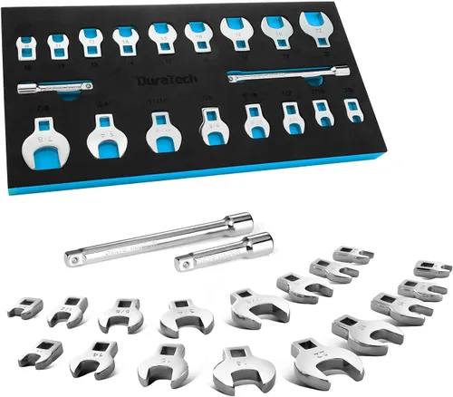 Vista 7 de DURATECH 3/8" Drive Crowfoot Wrench Set with 2 Extension Bars, SAE & Metric, 19-Piece, 10-22mm & 3/8"-7/8", CR-V Steel, with EVA Foam Tool Organizer