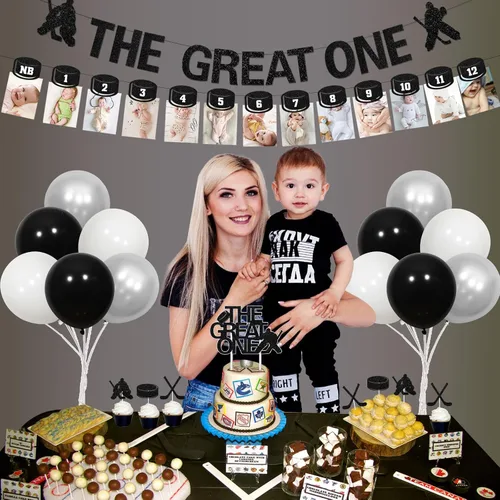 Vista 4 de Decoraciones de hockey para el primer cumpleaños para niños, cartel de fotos de bebé de primer cumpleaños para recién nacidos a 12 meses, decoración