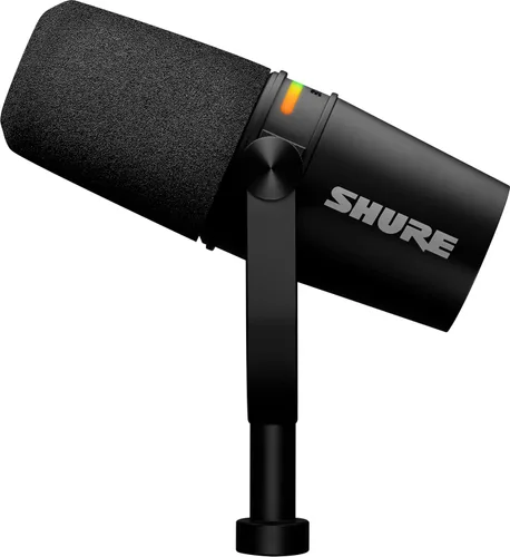 Vista 3 de Shure MV7+ - Micrófono dinámico para podcast con brazo articulado de escritorio. Certificado OBS, audio mejorado, panel táctil LED, salidas USB-C