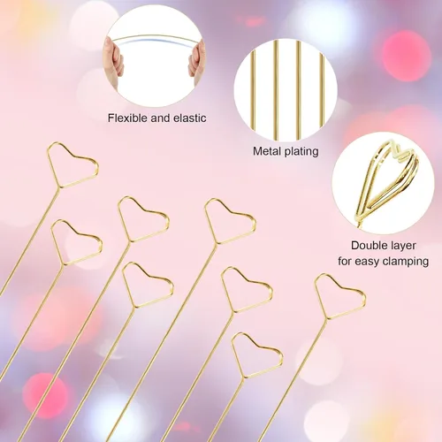 Vista 3 de 40 púas para tarjetas florales, soportes para fotos de corazón, palillo de púas para fotos, soporte para tarjetas de lugar floral dorado, clips