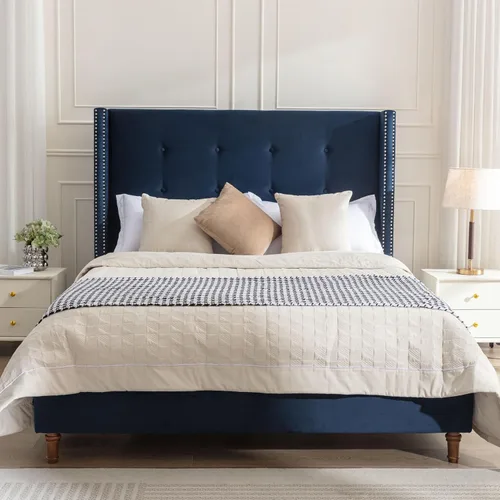Vista 12 de Base de cama tapizada tamaño Queen, cabecera acolchada de 54" con respaldo geométrico, plataforma tapizada para dormitorio de niños, adolescentes
