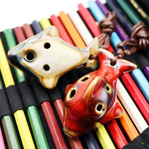Vista 3 de 6 agujeros, Ocarina en forma de pez, Ocarina Alto C, Ocarinas de cerámica en Do mayor, instrumento de 2 piezas, cerámica roja y azul, decoración