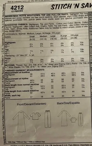 Vista 2 de McCall's Stitch N' Save 4212 Misses' Camisón, top & Pull-on Pants Patrón de costura talla A (S-M-L)