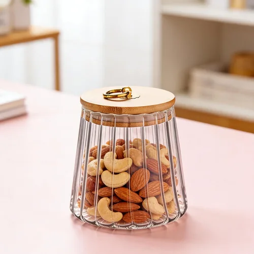 Vista 8 de FANTESTICRYAN Tarro de almacenamiento hermético de café de vidrio con nueces, recipiente decorativo de pétalos con tapa de bambú y asa de metal