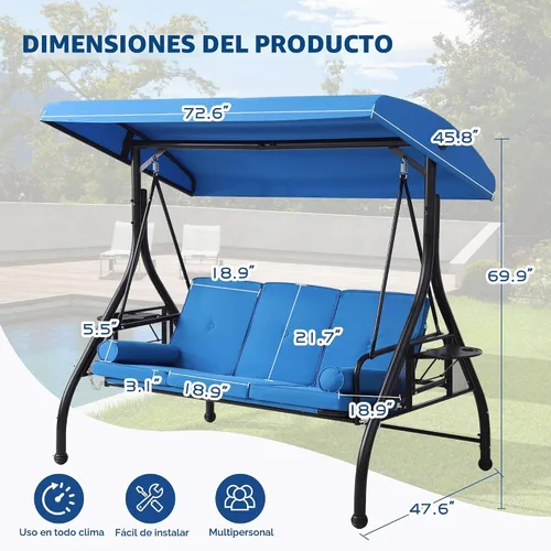 Vista 4 de Columpios de porche con toldo ajustable, cama de columpio para exteriores de 3 asientos, color azul