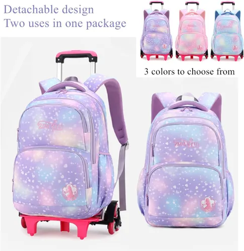 Vista 6 de EKUIZAI Colorido corazón impresión Trolley mochila escuela primaria estudiantes Rolling Bookbag lindo niñas mochila con ruedas, púrpura, Classic
