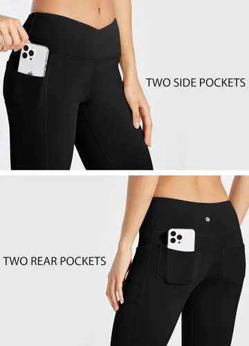 Vista 5 de Willit Pantalones con forro polar para mujer, leggings cruzados para yoga, corte de bota, pantalones térmicos de invierno, leggings acampanados