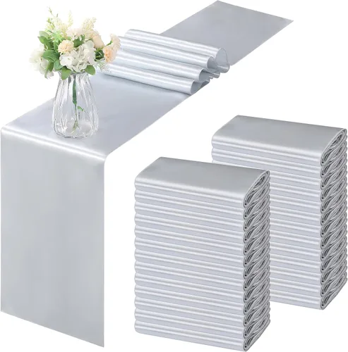 Vista 20 de Horbaunal - Juego de 12 caminos de mesa de satén azul claro de 12 x 108 pulgadas, caminos de mesa suaves para bodas, banquetes, fiestas de cumpleaños
