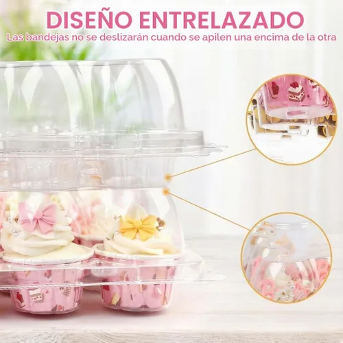 Vista 4 de LotFancy (24 unidades x 12 juegos) Mini recipientes para cupcakes con 288 forros, soporte de cajas de plástico para cupcakes, sin BPA, transparente