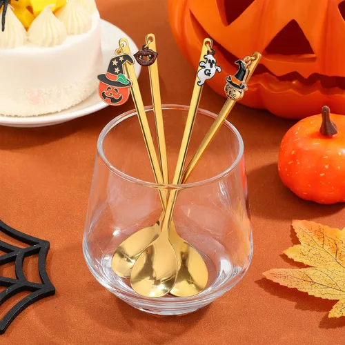 Vista 8 de Hemoton Juego de 4 cucharas de café con colgante de Halloween de acero inoxidable para mezclar té, azúcar y helado