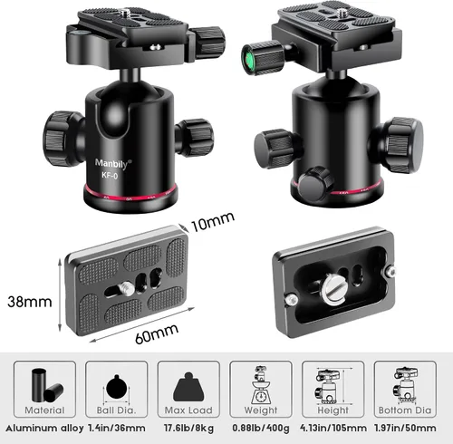 Vista 7 de Ball Head Manbily - Cabeza de trípode de metal de aluminio, cabeza monopie panorámica de 360° con placa extra Arca Swiss de liberación rápida, carga