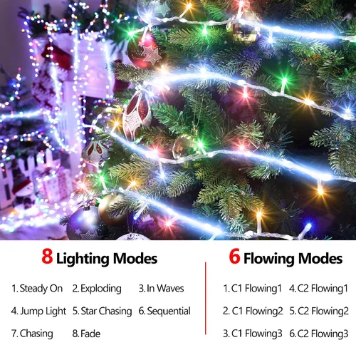 Vista 4 de Jyoiat - Luces de Navidad de 30 pies - 240 LEDs, luces de tira multicolor con flujo de agua con 8 modos básicos + 6 modos de flujo, luces