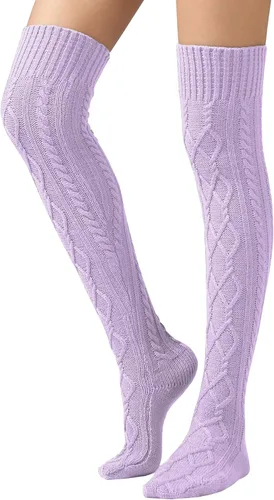 Vista 6 de SherryDC Calcetines de punto trenzado hasta el muslo para mujer, medias de bota extra largas de invierno, calentadores de piernas 1 - Blanco