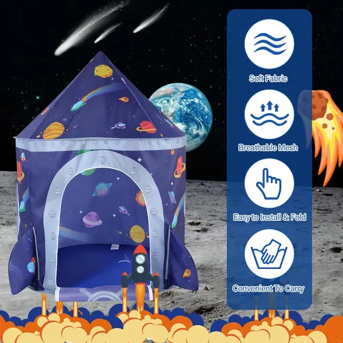 Vista 7 de Tienda de campaña de nave espacial para niños, tienda de juegos para niños con castillo de juguete, regalo para bebés niños y niñas de 3, 4, 5, 6, 7