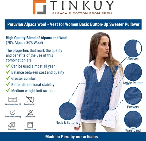 Vista 5 de TINKUY Peru - Chaleco tipo cárdigan de lana de alpaca con cuello en V para mujer, talla S-4XL